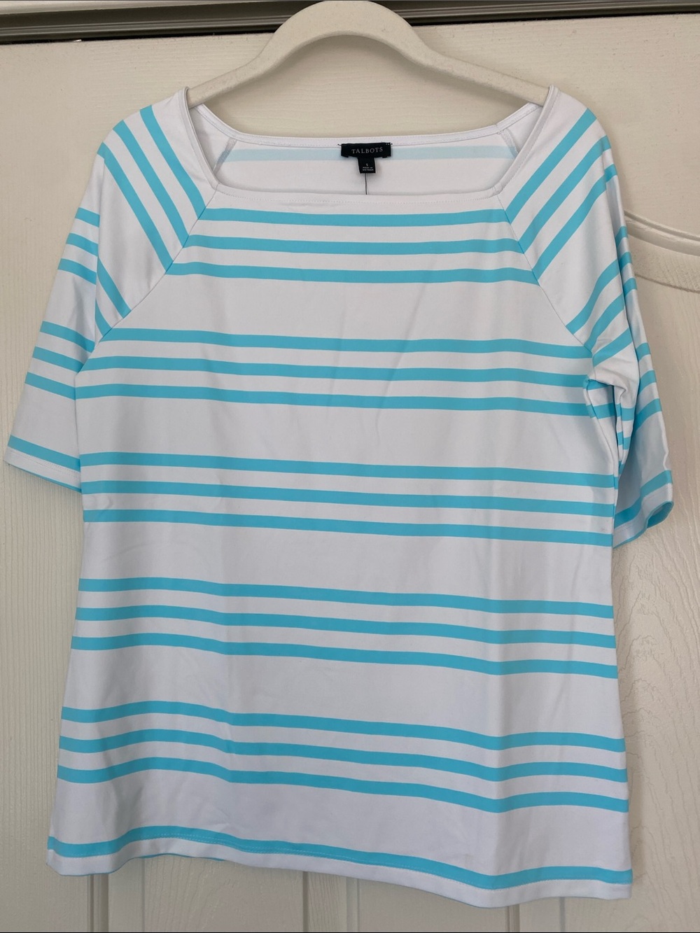 NWT Talbots White and Aqua Striped Boatneck Short Sleeve Top